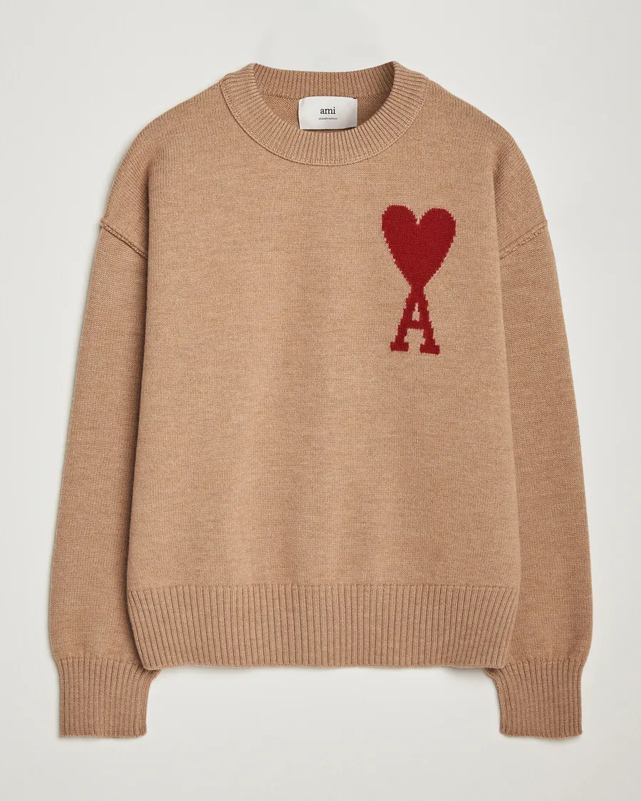 AMI Big Heart Logo Crew Neck Camel