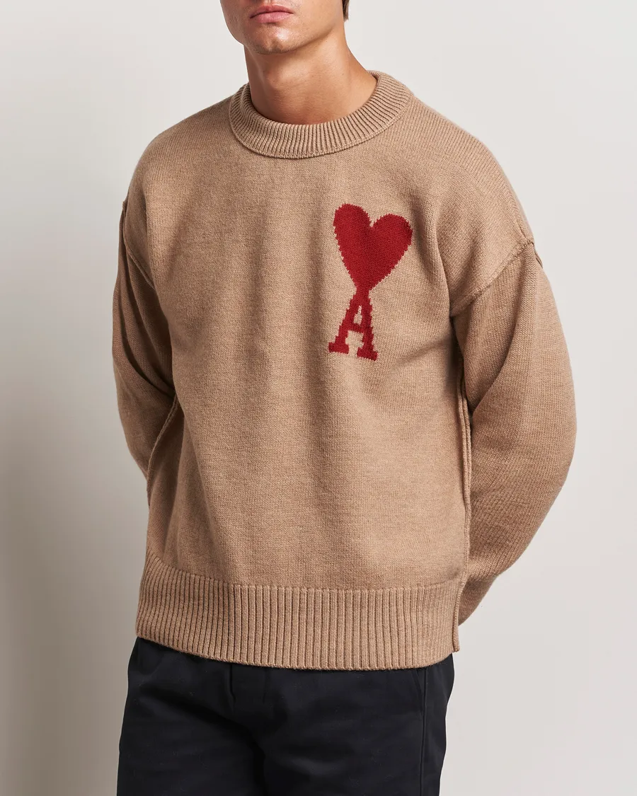 AMI Big Heart Logo Crew Neck Camel