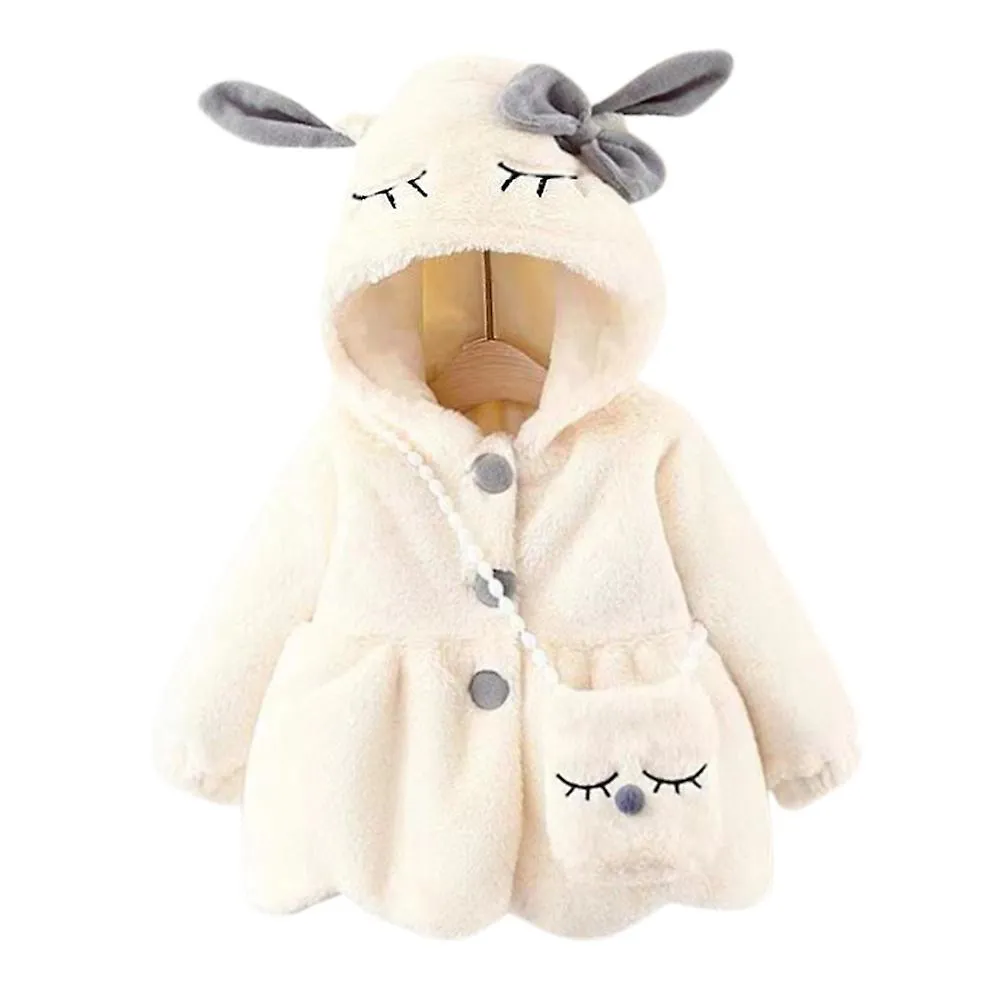 Baby Girls Winter Short Coats Cute Rabbit Ear Hooded Plush Shawl Jacket