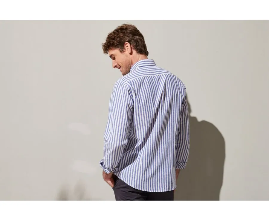 DARK BLUE AND WHITE STRIPED COTTON LINEN SHIRT  SIMONIN