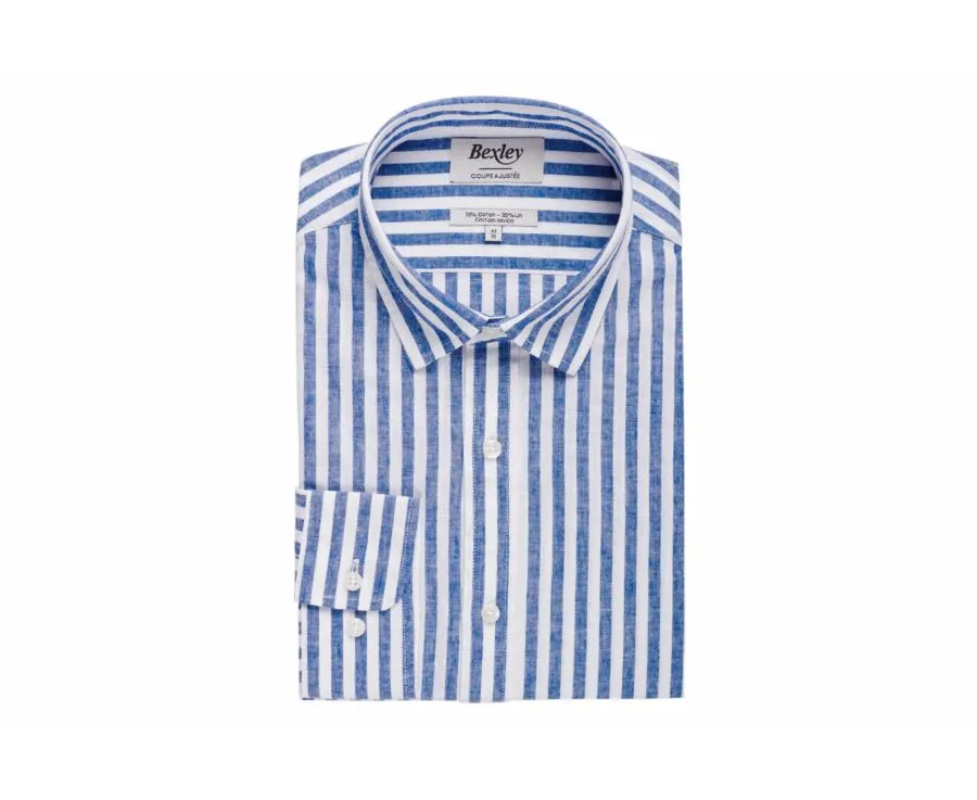 DARK BLUE AND WHITE STRIPED COTTON LINEN SHIRT  SIMONIN