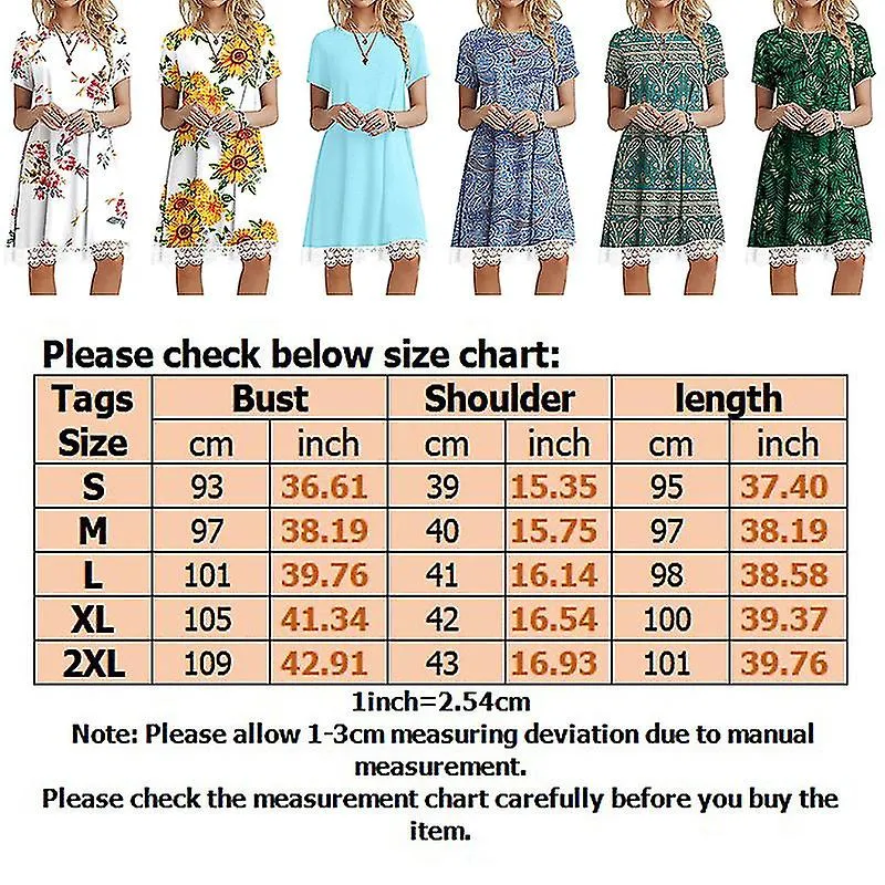 Ladies Simple Lace Stitching Short Mini Dresses Women Bohemian Casual Crew Neck