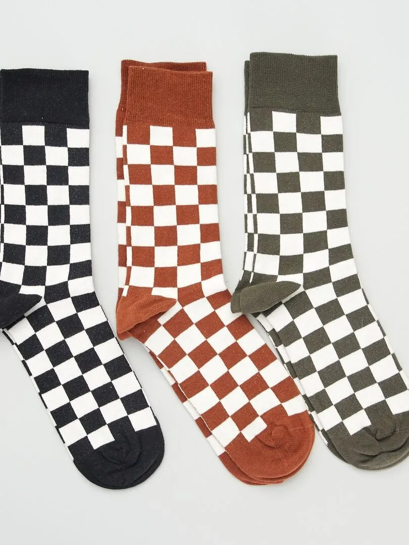 Pack de 3 pares de calcetines con estampado de 'damero' - MARRON