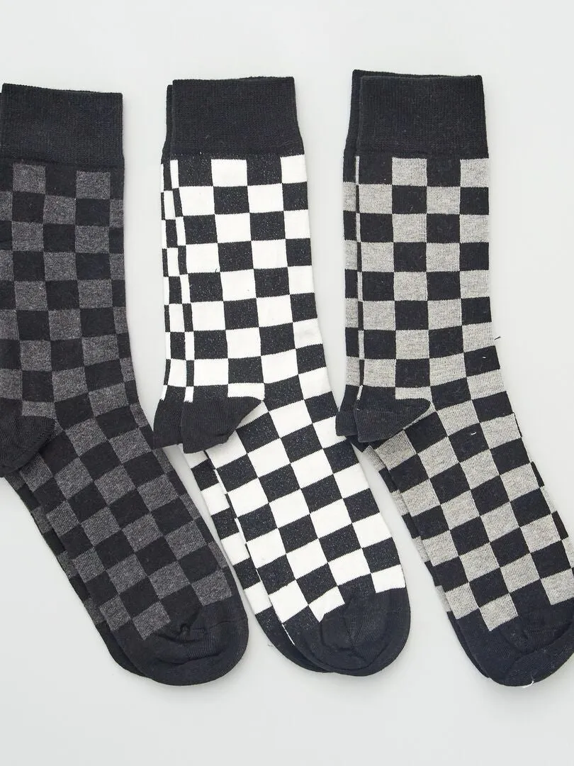 Pack de 3 pares de calcetines con estampado de 'damero' - NEGRO