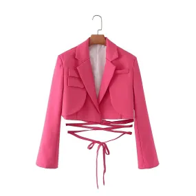 Solid Color Office Lady Slim Tie Blazers For Women 2023 Stylish Chic Elegant Women's Long Sleeve Cropped Jacket Coat Female 