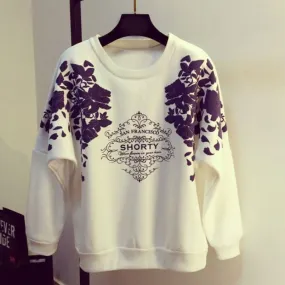 Stylish Floral Letter Print O-neck Raglan Sleeves Girls Loose Casual Top